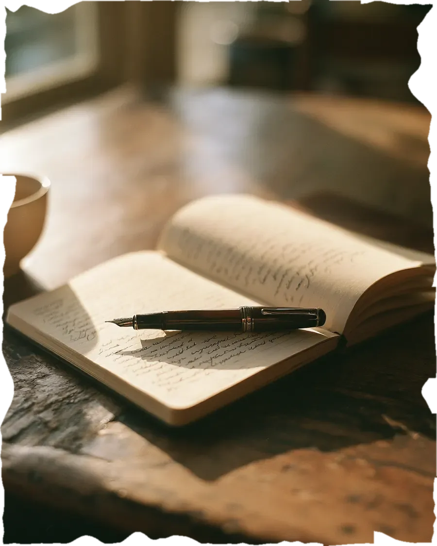 An open notebook and pen on a worn table in morning light