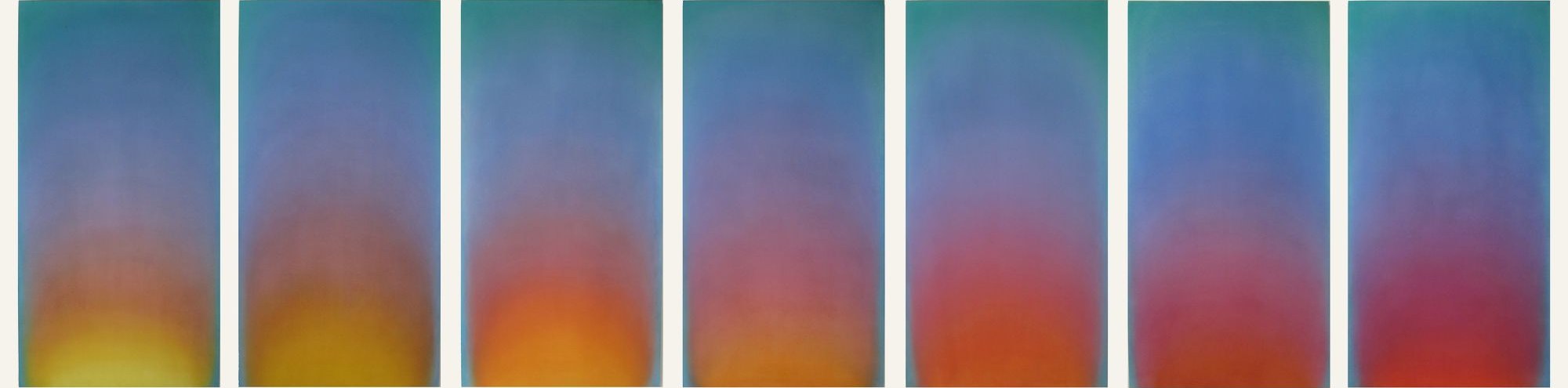 A polyptych of seven tall panels, each shading from green at the top through blue and violet to amber and red at the base.